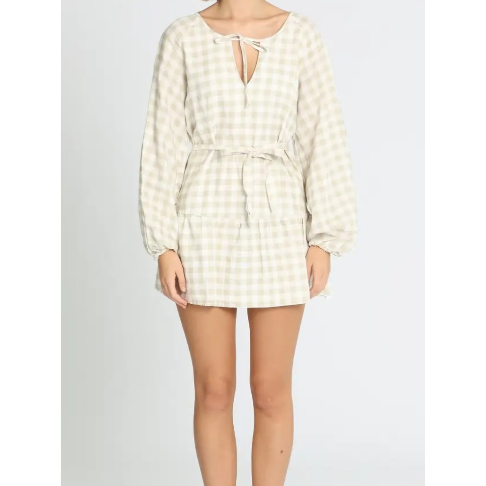 Charlie Holiday Gingham Linen Drop‎ Waist Mini Dress Balloon Sleeve Medium NWOT